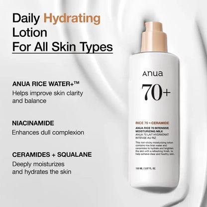Anua 70+ Rice Ceramide Intensive Moisturizing Milk | 150ml (Origi)